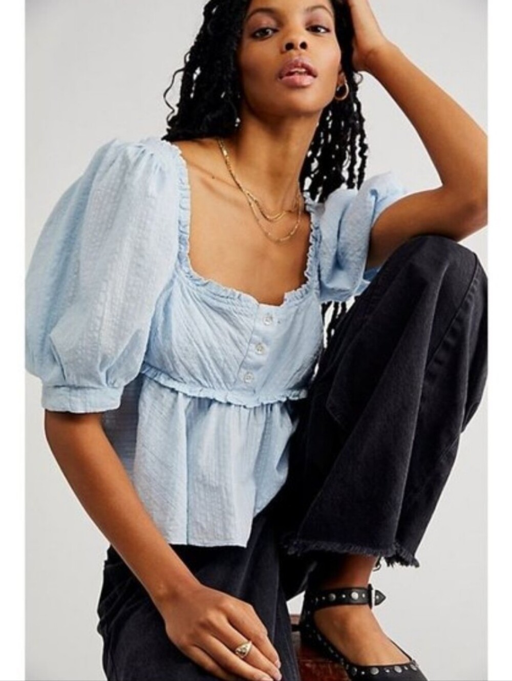 Free People light blue cotton cropped puff sleeve smocked back top - Picture 2 of 10